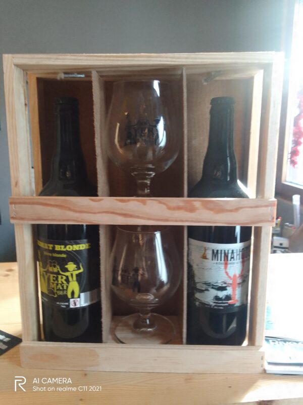 COFFRET BOIS 2X75CL + 2 VERRES LOGOTES